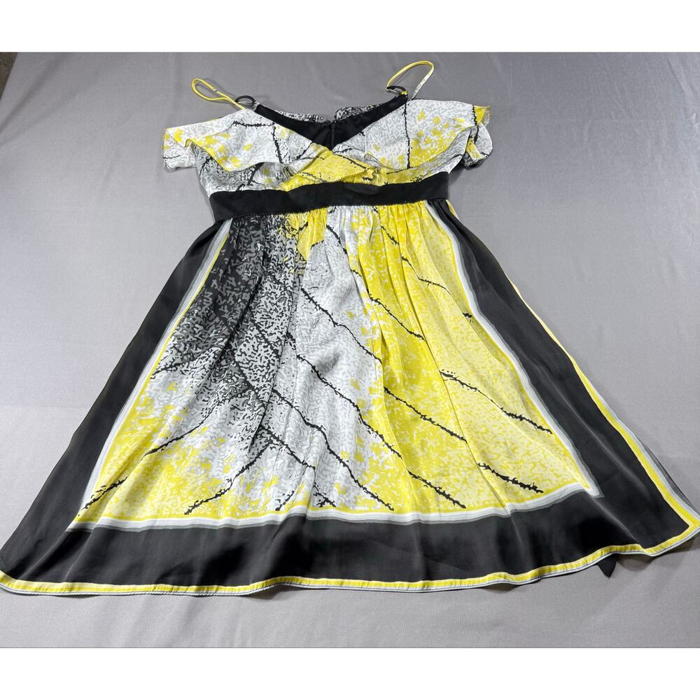 BCBG Paris Yellow Black Abstract Print Satin Cocktail Dress Size 8